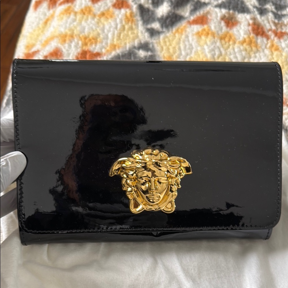 Black Patent Leather Wallet with Gold Medusa Logo and gold chain